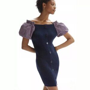 Anthropologie Maeve Ribbed Puff‎ Sleeve Mini Dress Navy Gingham